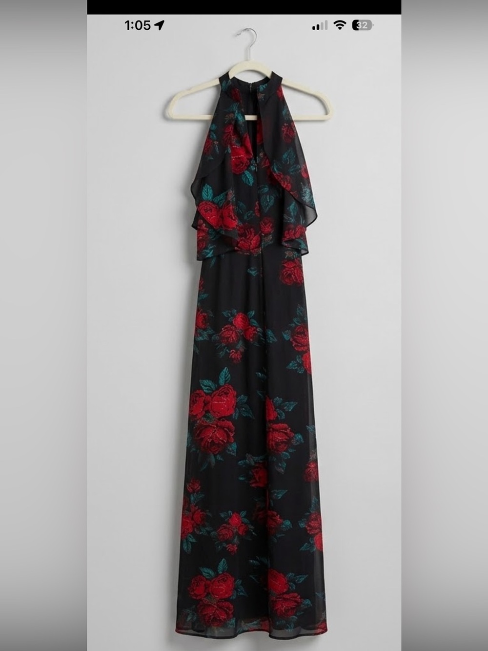 Lovers + Friends Floral Halter Maxi Gown – Size 2 (Red & Black Rose Print)